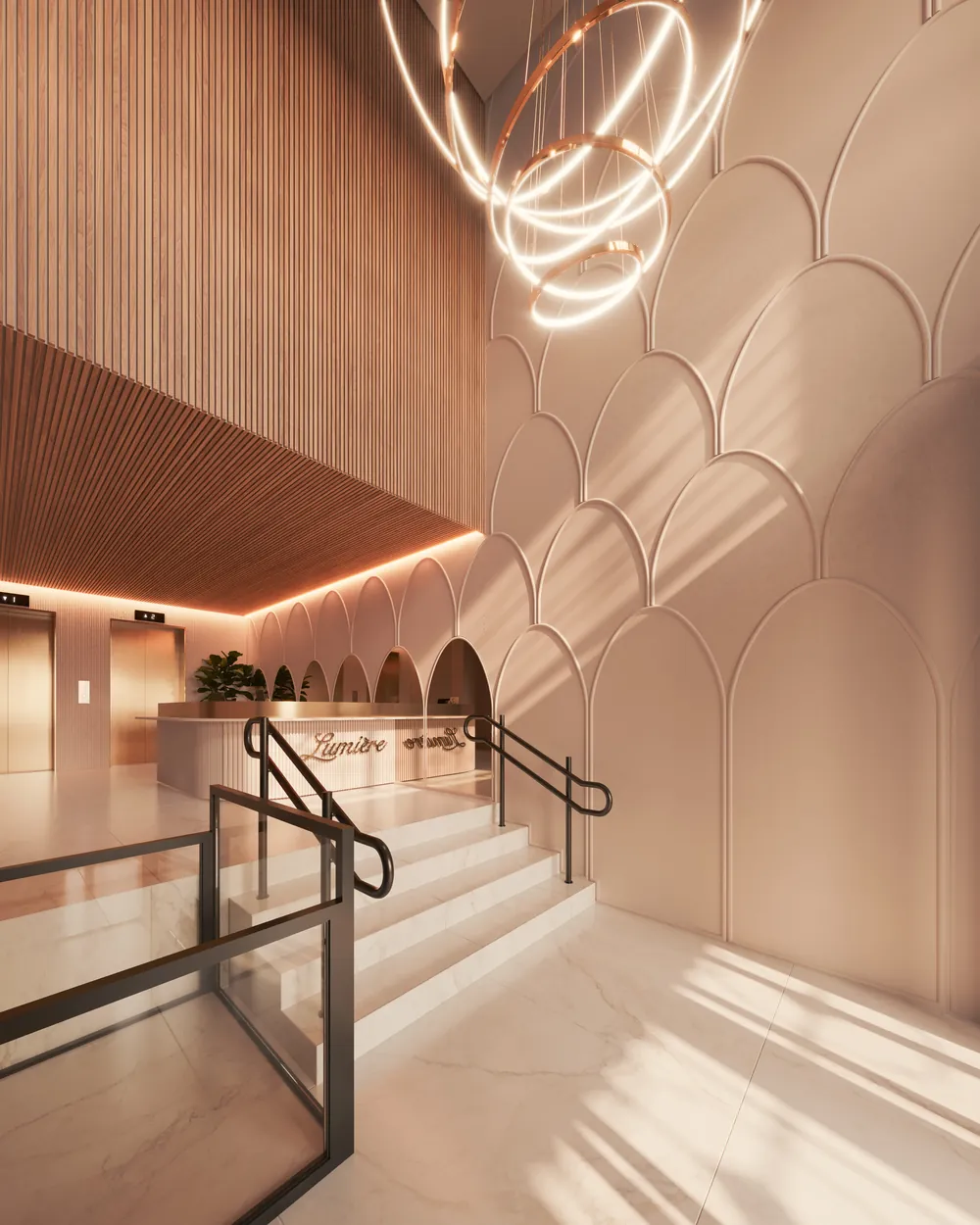 Hall de entrada com pé-direito alto e luminárias circulares