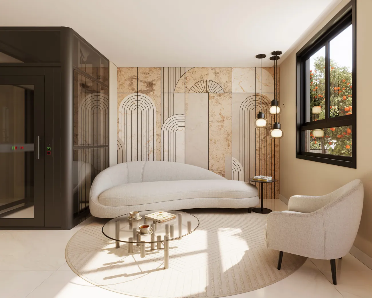 Lounge interno com curadoria de mobiliário